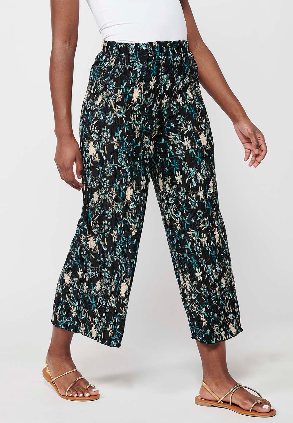 Women's Multicolor Floral Print Rubberized Waist Long Wide Leg Pants