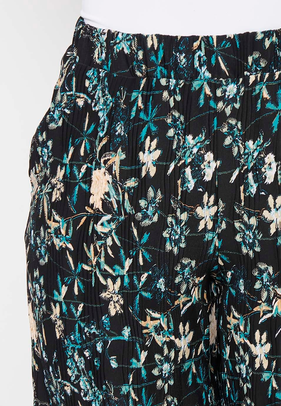 Pantalon long et large à taille caoutchoutée pour femme, imprimé floral multicolore