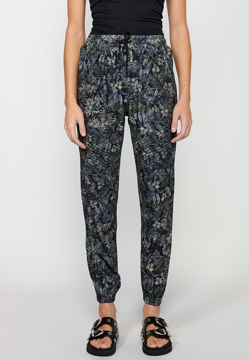 Long jogging pants fitted at the ankles with elasticated waistband with drawstring and Khaki floral print for Women 4