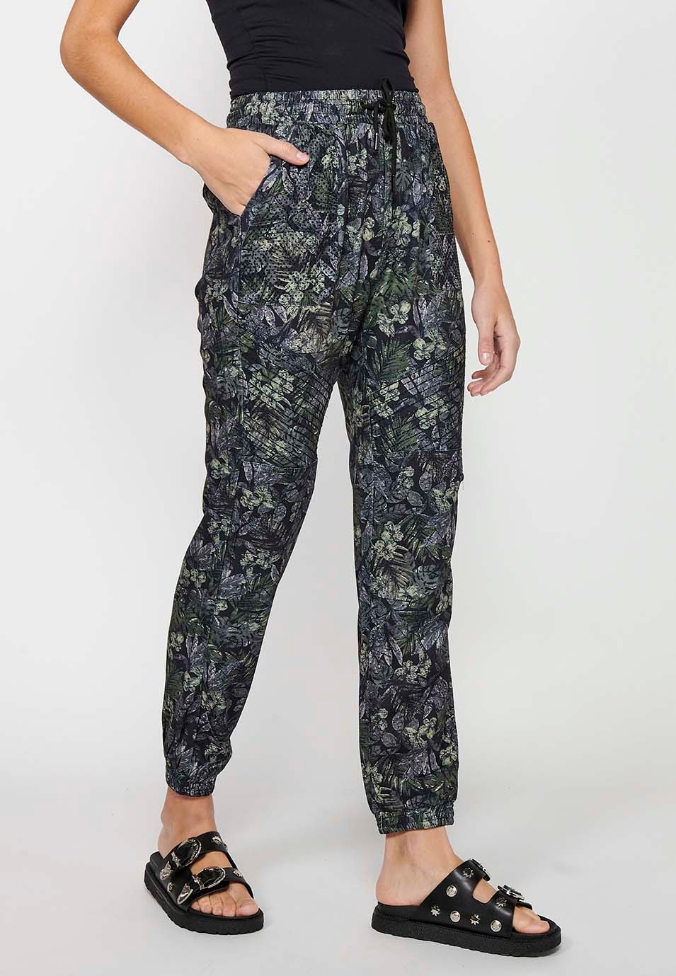 Long jogging pants fitted at the ankles with elasticated waistband with drawstring and Khaki floral print for Women 2