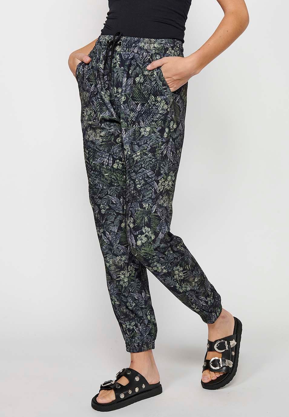Long jogging pants fitted at the ankles with elasticated waistband with drawstring and Khaki floral print for Women 1