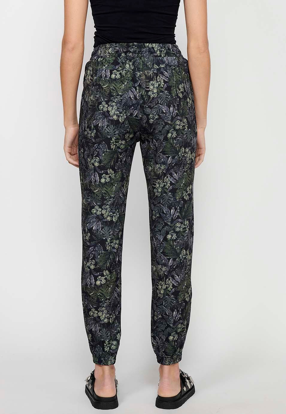 Long jogging pants fitted at the ankles with elasticated waistband with drawstring and Khaki floral print for Women 3