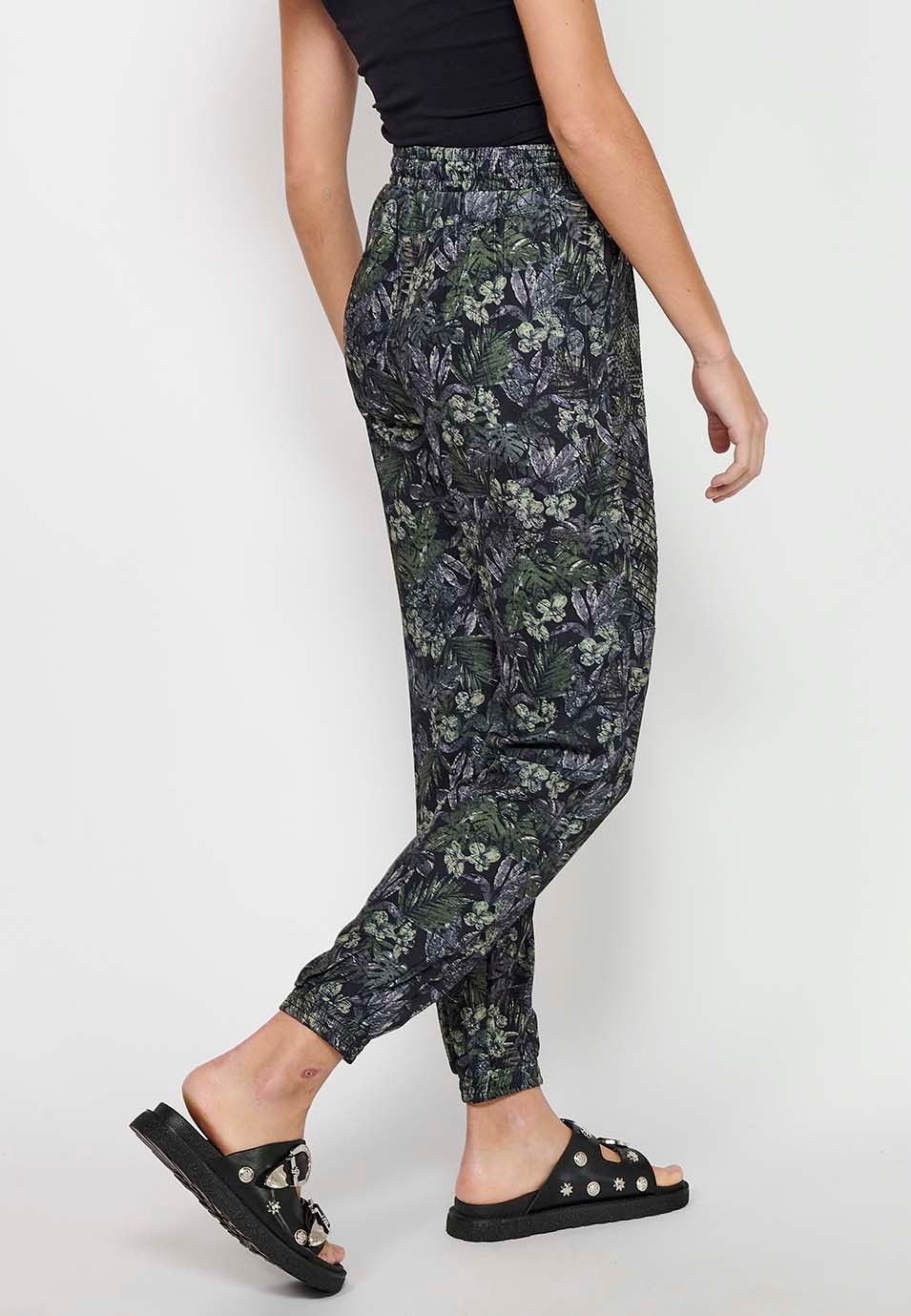 Long jogging pants fitted at the ankles with elasticated waistband with drawstring and Khaki floral print for Women 5