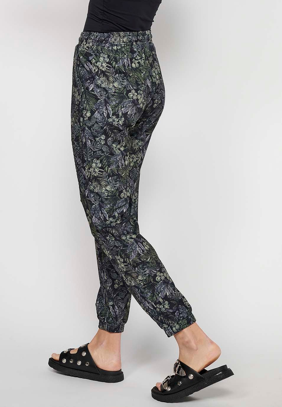 Long jogging pants fitted at the ankles with elasticated waistband with drawstring and Khaki floral print for Women 7