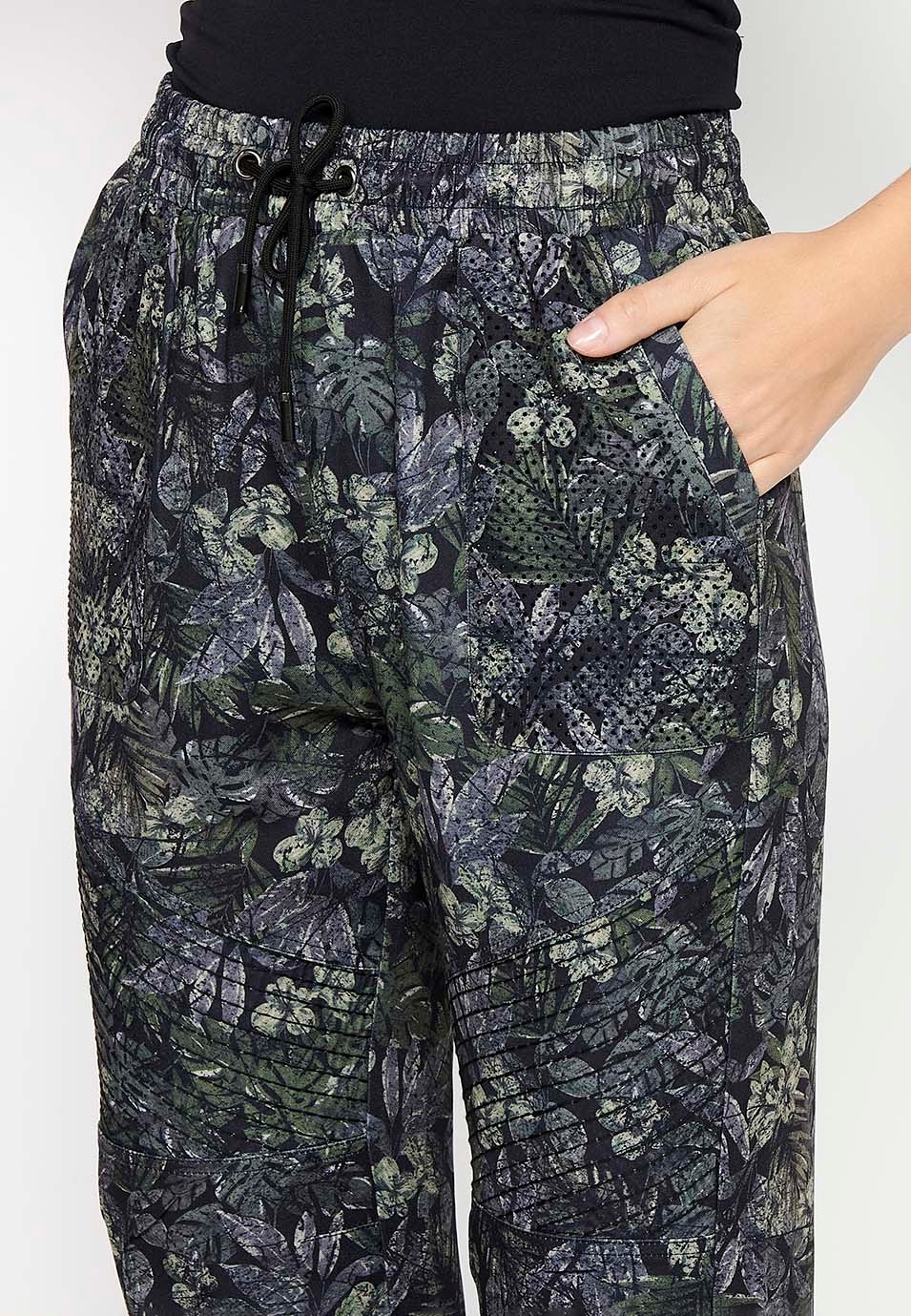 Long jogging pants fitted at the ankles with elasticated waistband with drawstring and Khaki floral print for Women 6