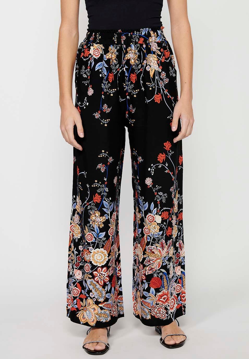 Loose Long Pants with Floral Print and Rubberized Waist in Black for Women 3