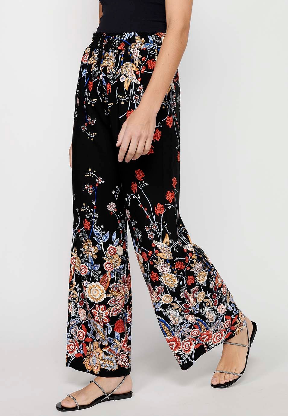 Loose Long Pants with Floral Print and Rubberized Waist in Black for Women 2