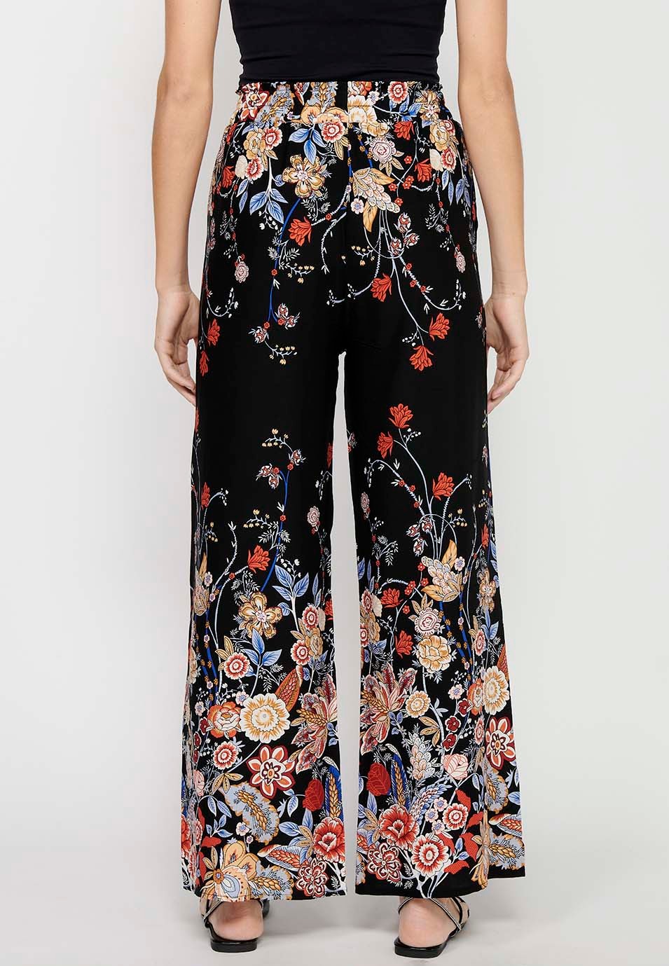 Loose Long Pants with Floral Print and Rubberized Waist in Black for Women 4