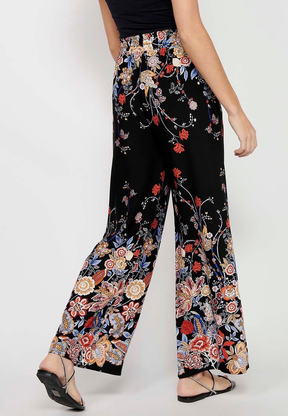 Loose Long Pants with Floral Print and Rubberized Waist in Black for Women 7