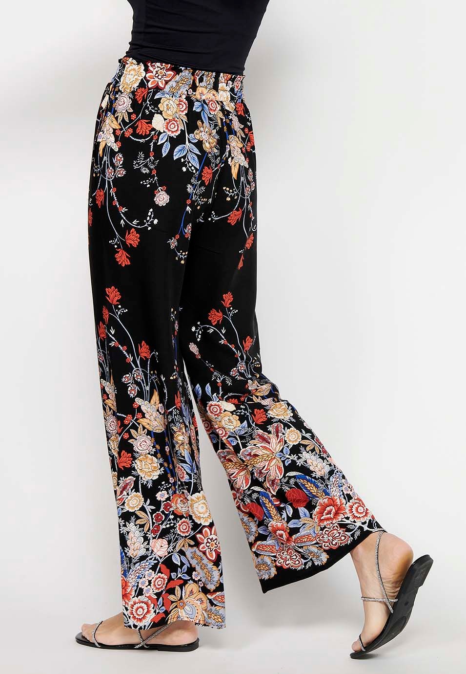 Loose Long Pants with Floral Print and Rubberized Waist in Black for Women 6