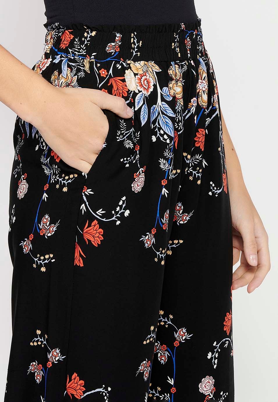 Loose Long Pants with Floral Print and Rubberized Waist in Black for Women 5