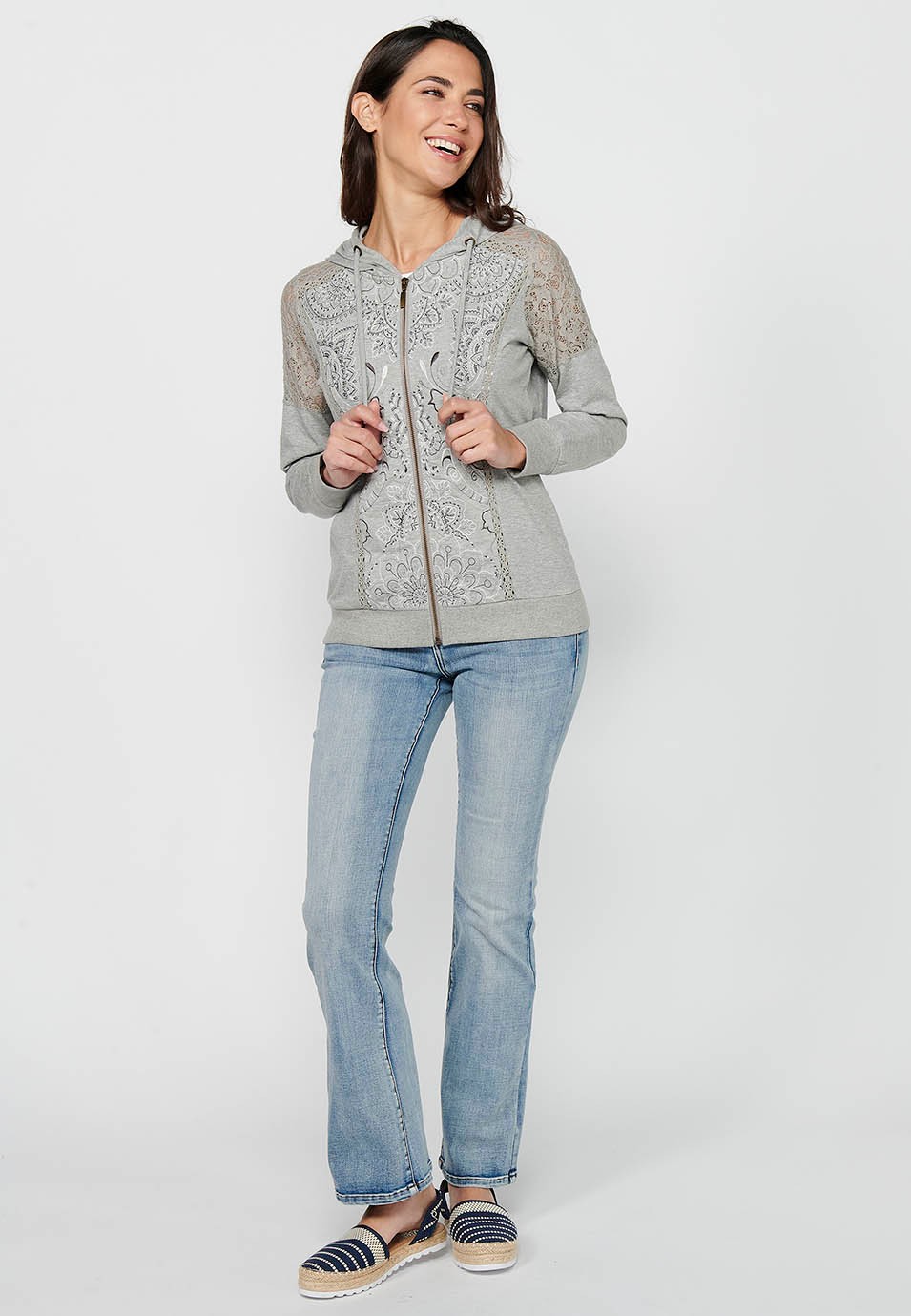 Sweatshirtjacke mit Reißverschluss vorne und Spitzendetails mit grauem Kapuzenkragen für Damen 1