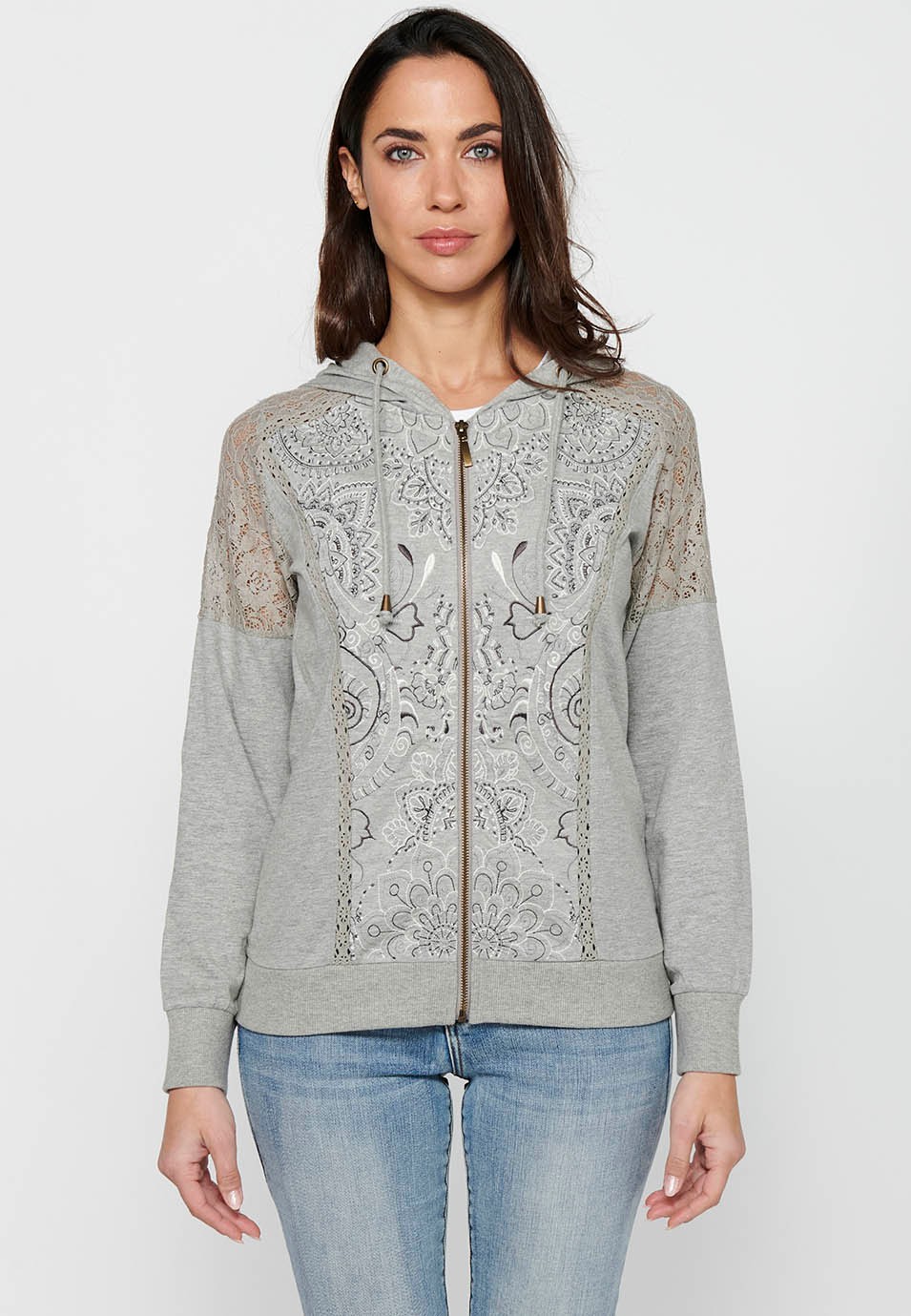 Sweatshirtjacke mit Reißverschluss vorne und Spitzendetails mit grauem Kapuzenkragen für Damen 4