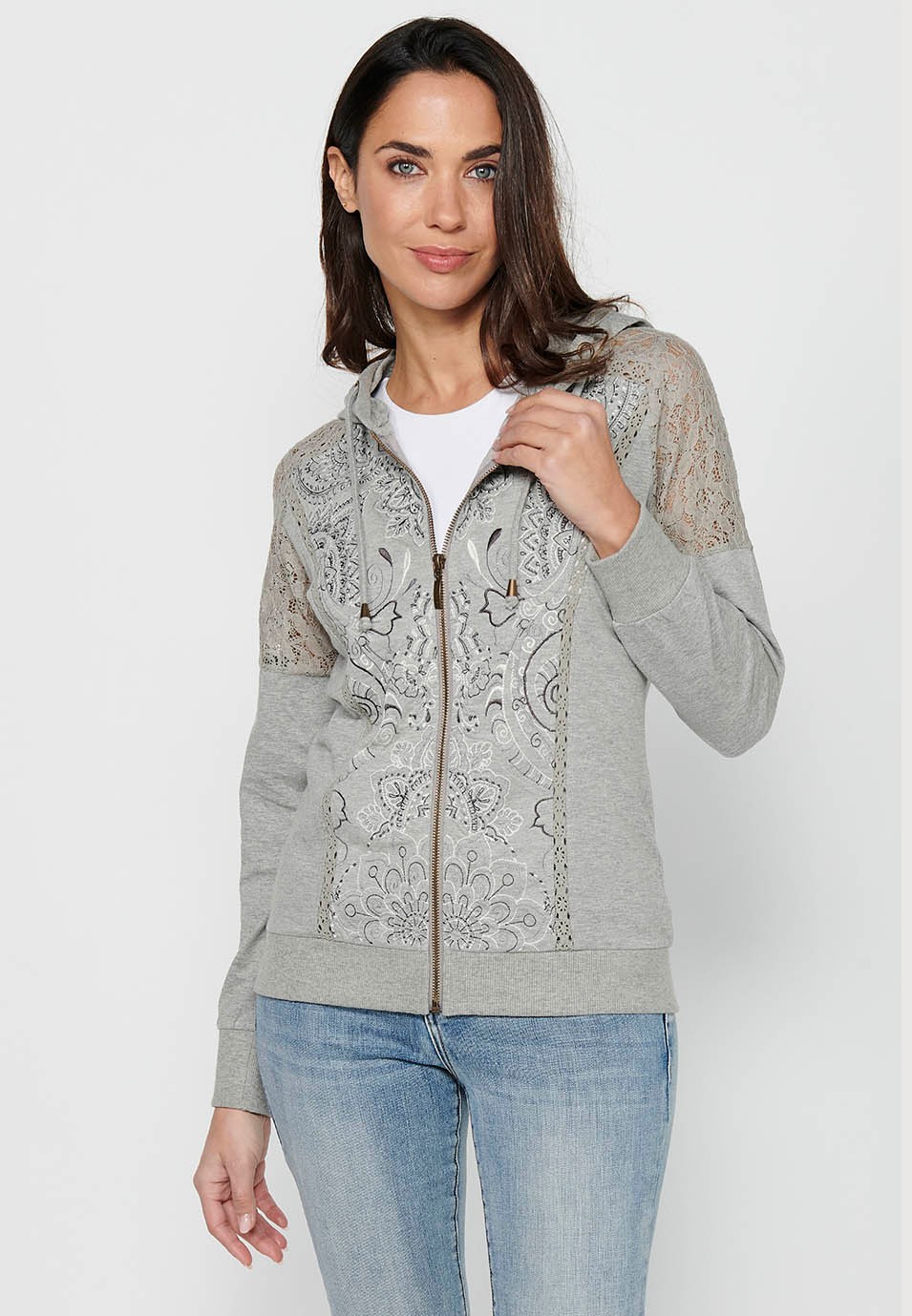 Sweatshirt jacket with zipper front closure and lace details with gray hooded collar for women 2
