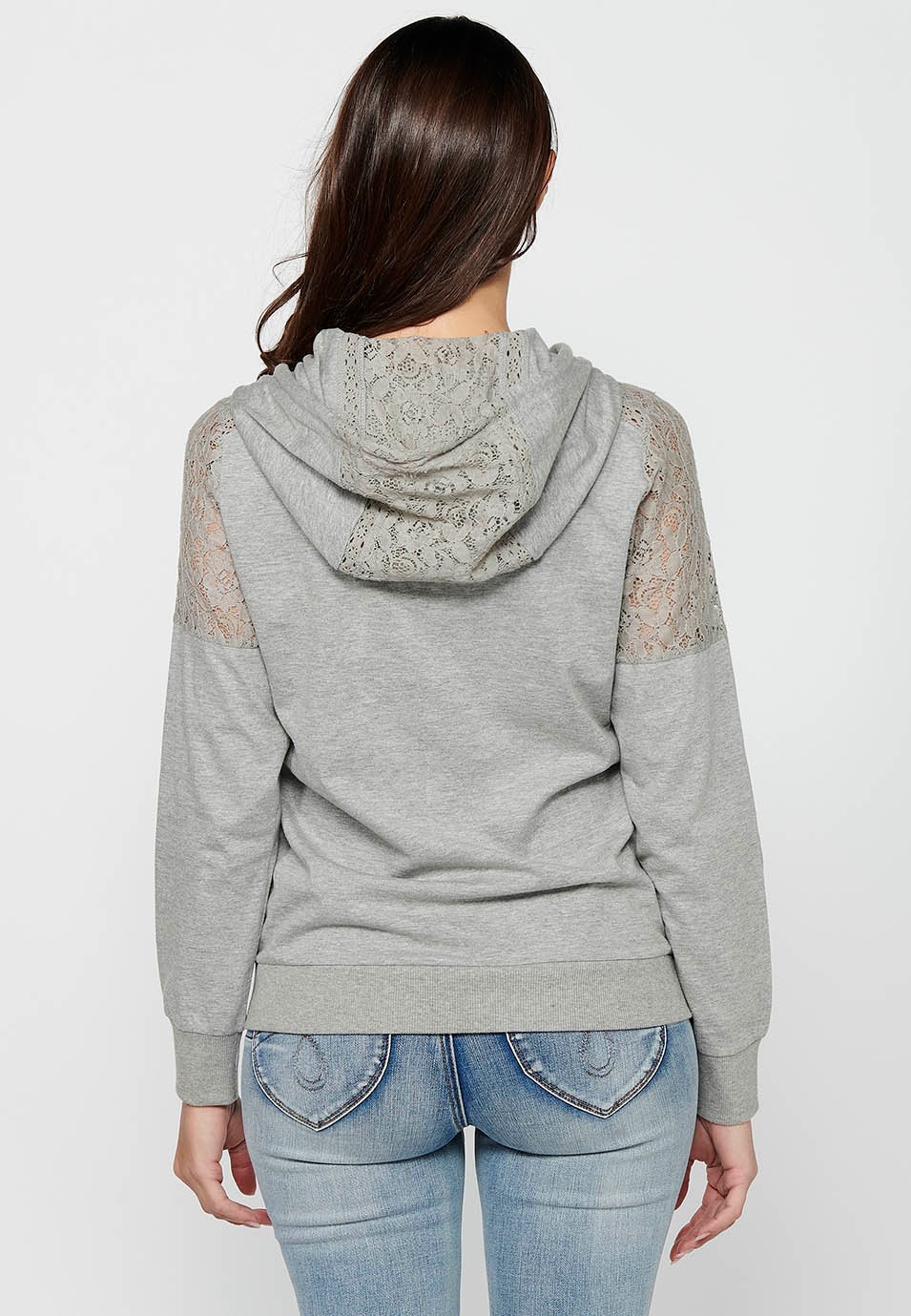 Sweatshirtjacke mit Reißverschluss vorne und Spitzendetails mit grauem Kapuzenkragen für Damen 7