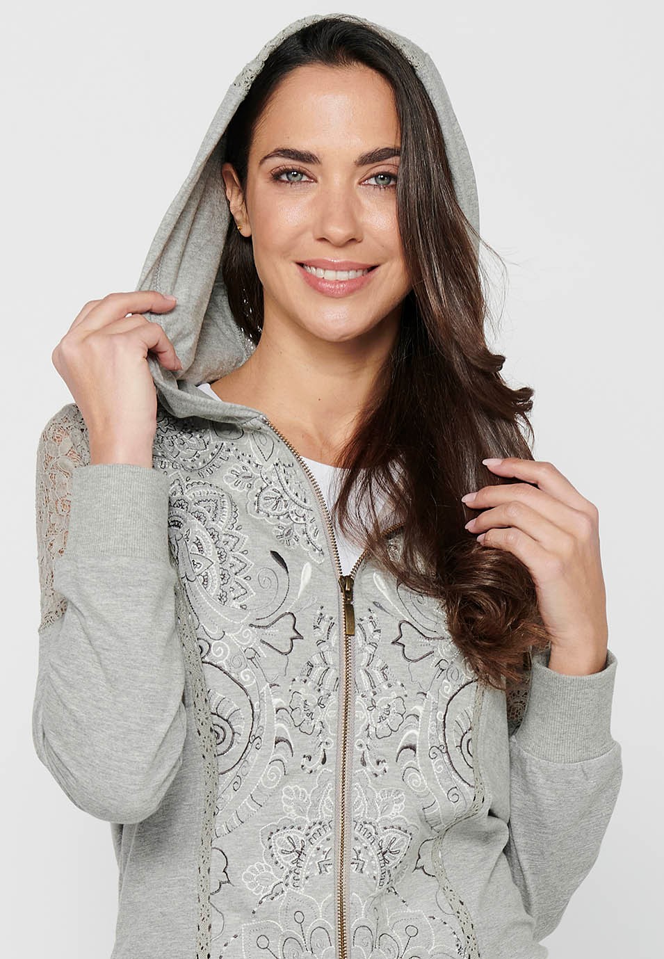 Sweatshirtjacke mit Reißverschluss vorne und Spitzendetails mit grauem Kapuzenkragen für Damen 6