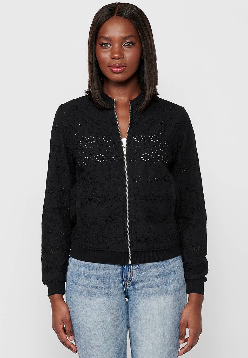 Cotton Sweatshirt with Zipper Front Closure and Rib Finishes with Embroidered Fabric with Floral Motifs and Black Round Neck for Women 1