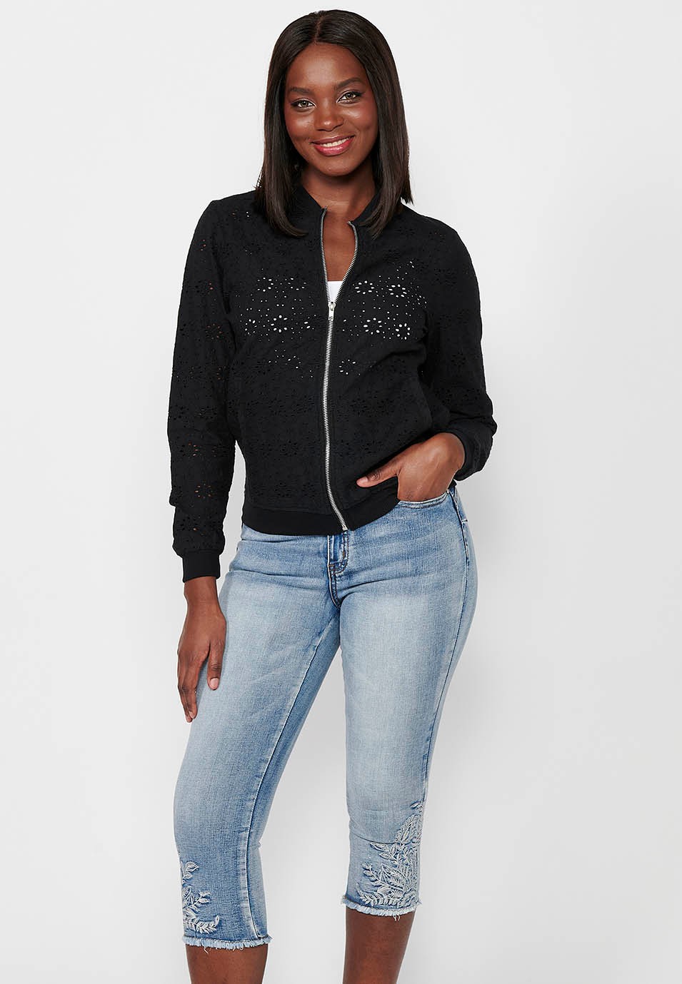 Cotton Sweatshirt with Zipper Front Closure and Rib Finishes with Embroidered Fabric with Floral Motifs and Black Round Neck for Women 2