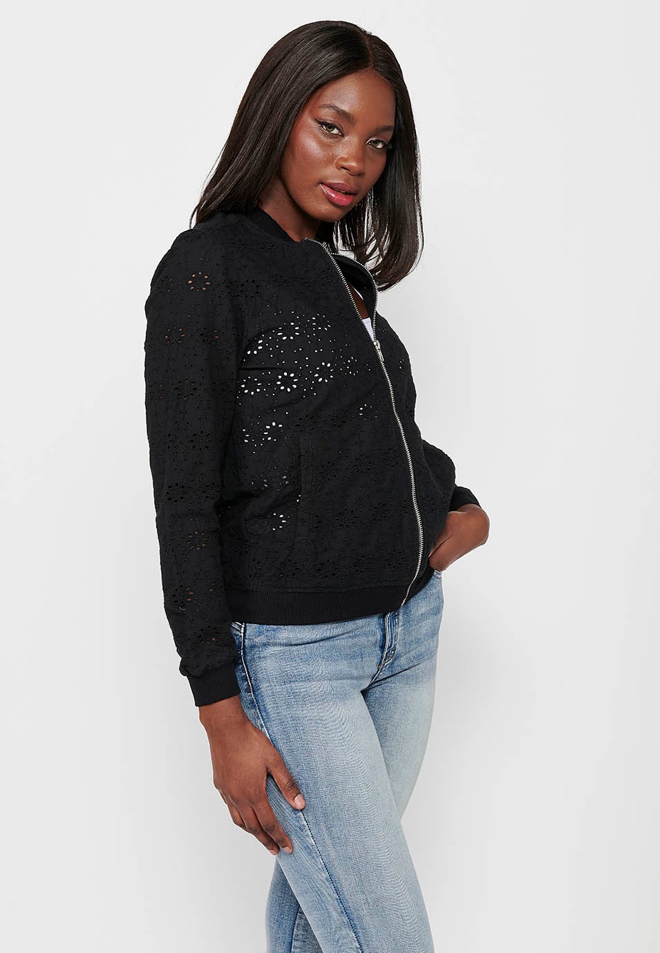Cotton Sweatshirt with Zipper Front Closure and Rib Finishes with Embroidered Fabric with Floral Motifs and Black Round Neck for Women 6