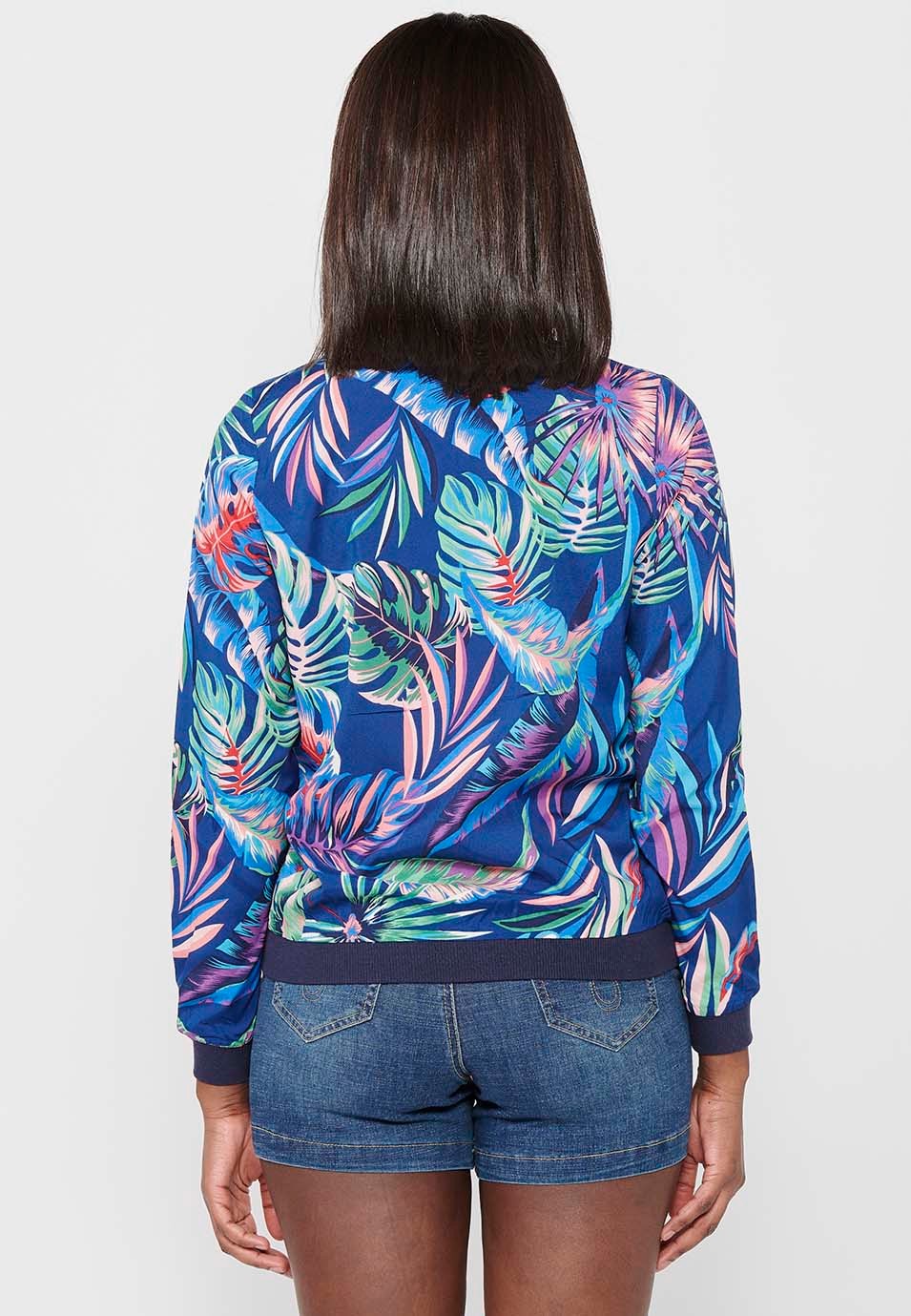 Long-sleeved sweatshirt jacket with blue floral print for women