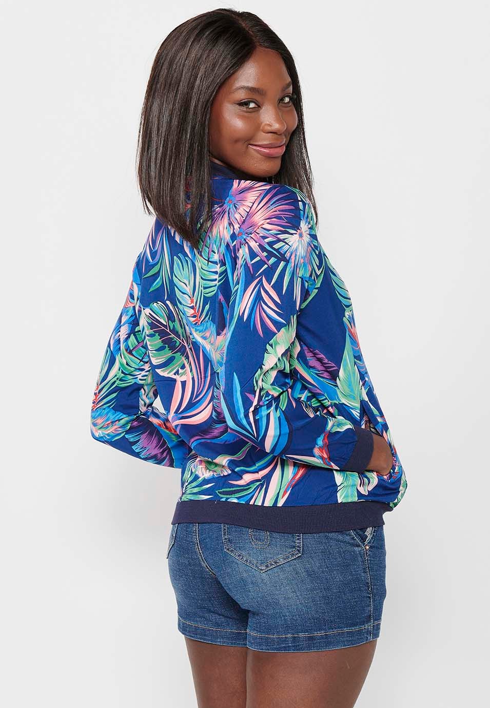 Jaqueta dessuadora de màniga llarga amb estampat floral color blau per a dona