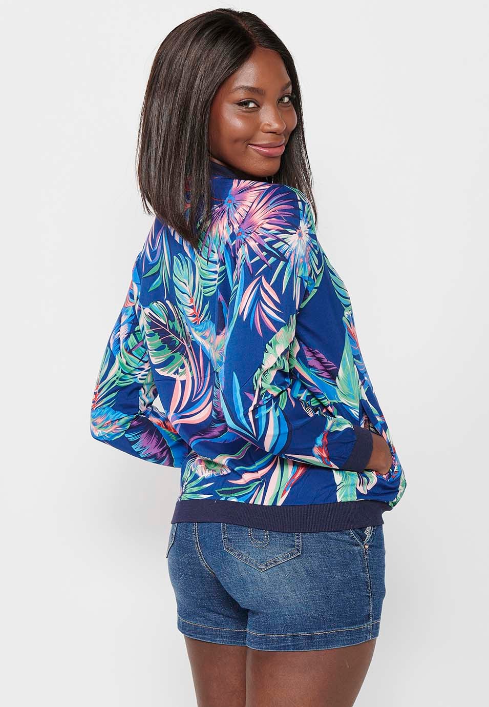 Long-sleeved sweatshirt jacket with blue floral print for women