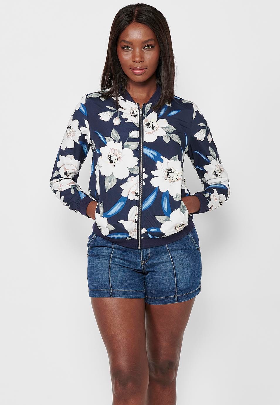 Chaqueta sudadera de manga larga con estampado floral multicolor para mujer