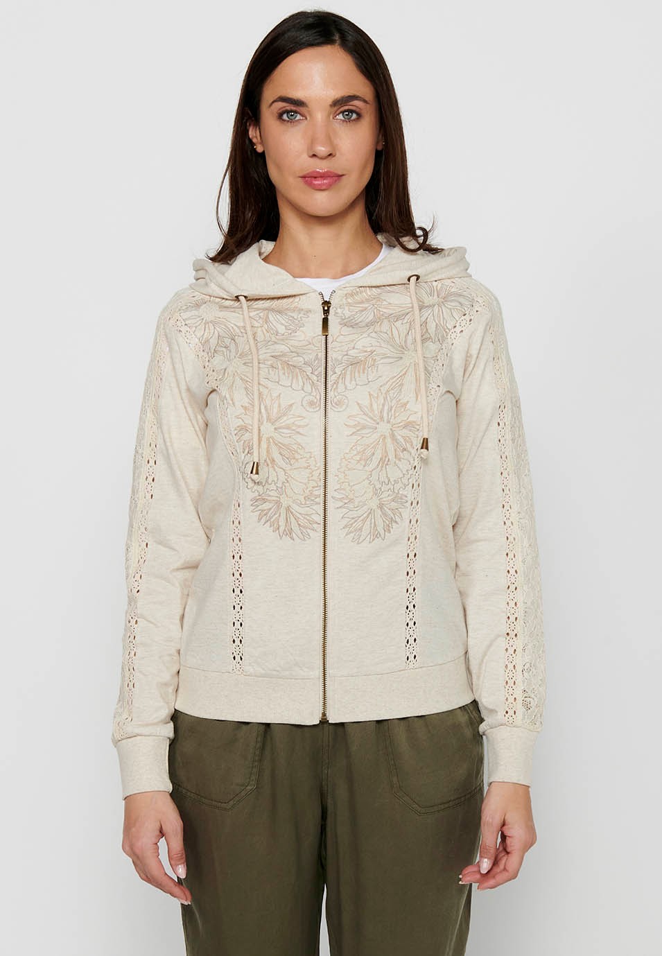 Jacken-Sweatshirt mit Reißverschluss vorne mit Spitzendetails und steinfarbenem Kapuzenkragen für Damen 5