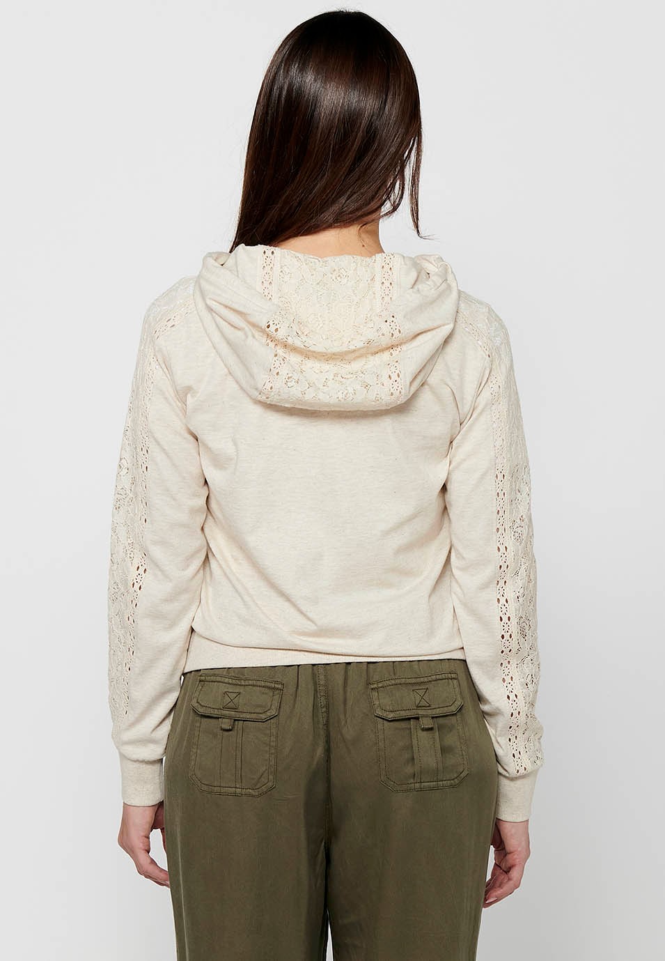 Jacken-Sweatshirt mit Reißverschluss vorne mit Spitzendetails und steinfarbenem Kapuzenkragen für Damen 3