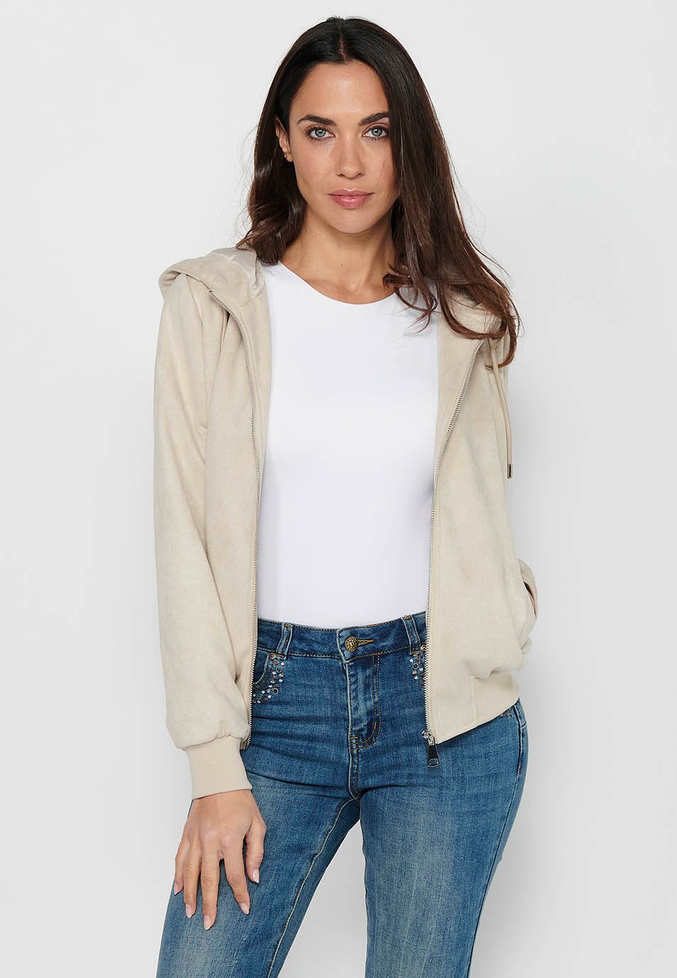 Women's Ecru Color Hooded Collar Long Sleeve Zip Front Closure Sweatshirt Jacket 8