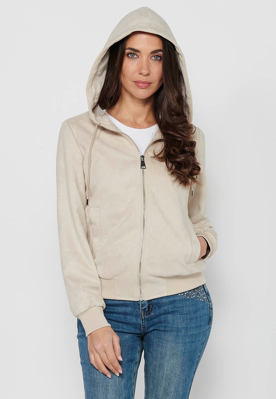 Women's Ecru Color Hooded Collar Long Sleeve Zip Front Closure Sweatshirt Jacket