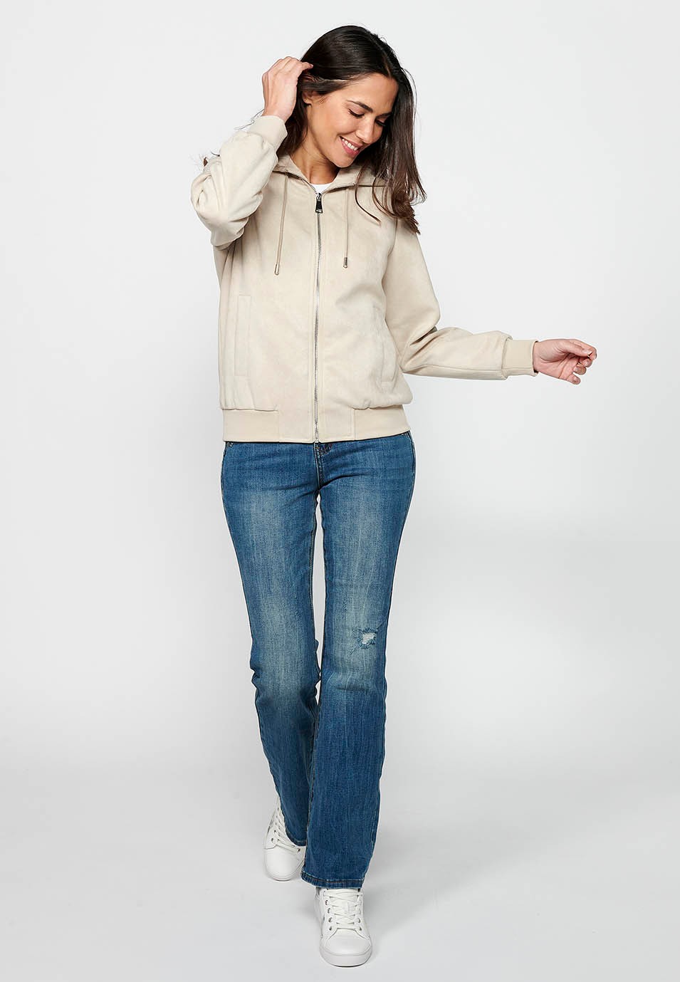 Women's Ecru Color Hooded Collar Long Sleeve Zip Front Closure Sweatshirt Jacket 5
