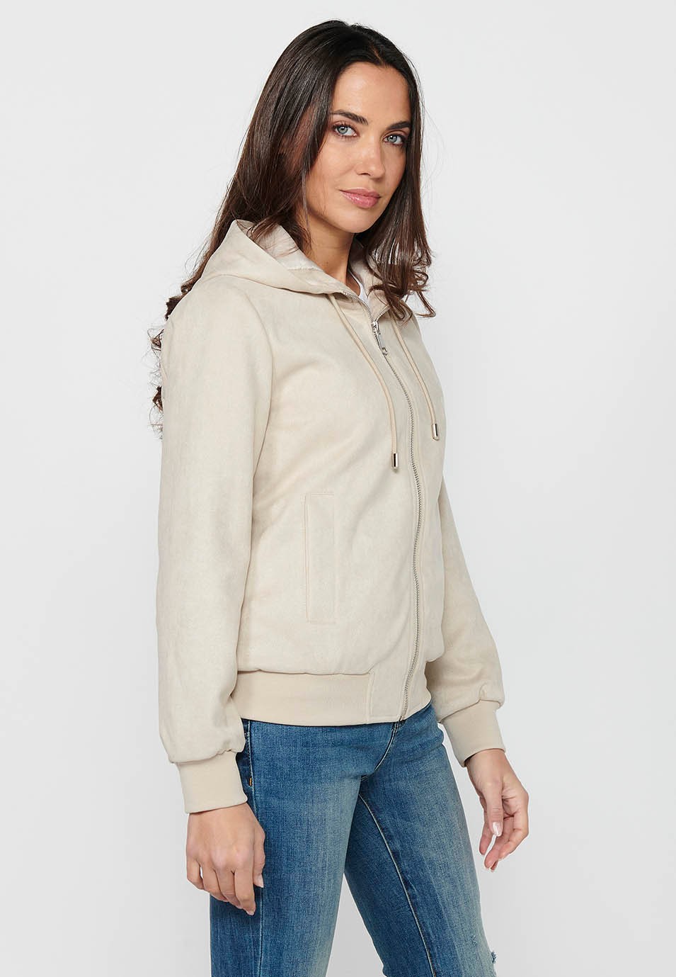 Women's Ecru Color Hooded Collar Long Sleeve Zip Front Closure Sweatshirt Jacket 1