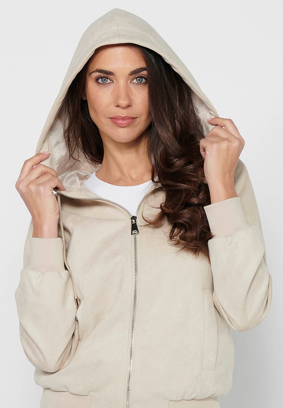 Women's Ecru Color Hooded Collar Long Sleeve Zip Front Closure Sweatshirt Jacket 4