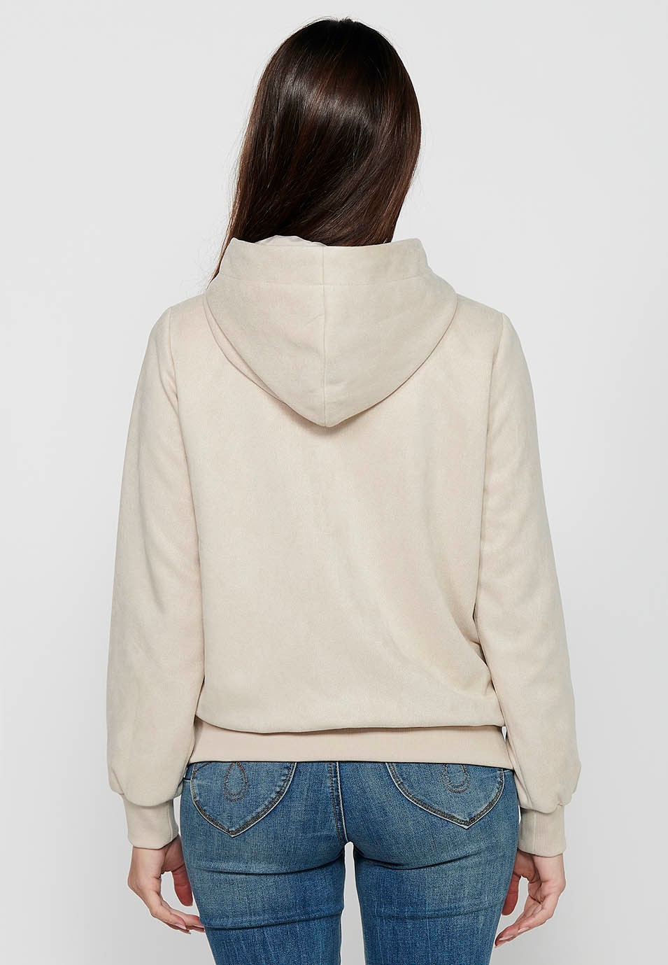 Women's Ecru Color Hooded Collar Long Sleeve Zip Front Closure Sweatshirt Jacket 3