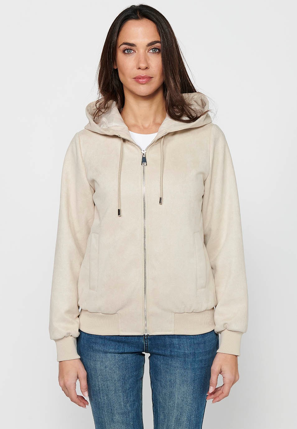 Women's Ecru Color Hooded Collar Long Sleeve Zip Front Closure Sweatshirt Jacket 2