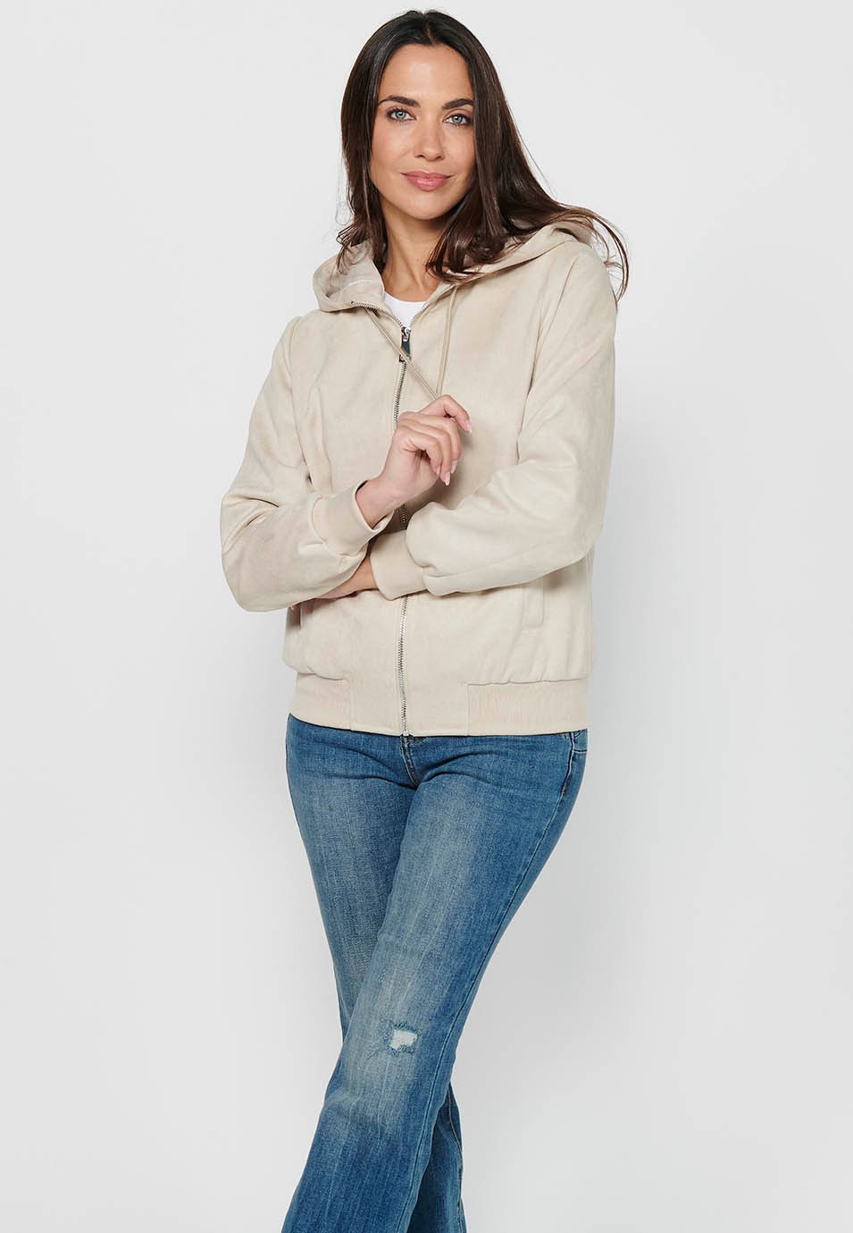 Women's Ecru Color Hooded Collar Long Sleeve Zip Front Closure Sweatshirt Jacket 9