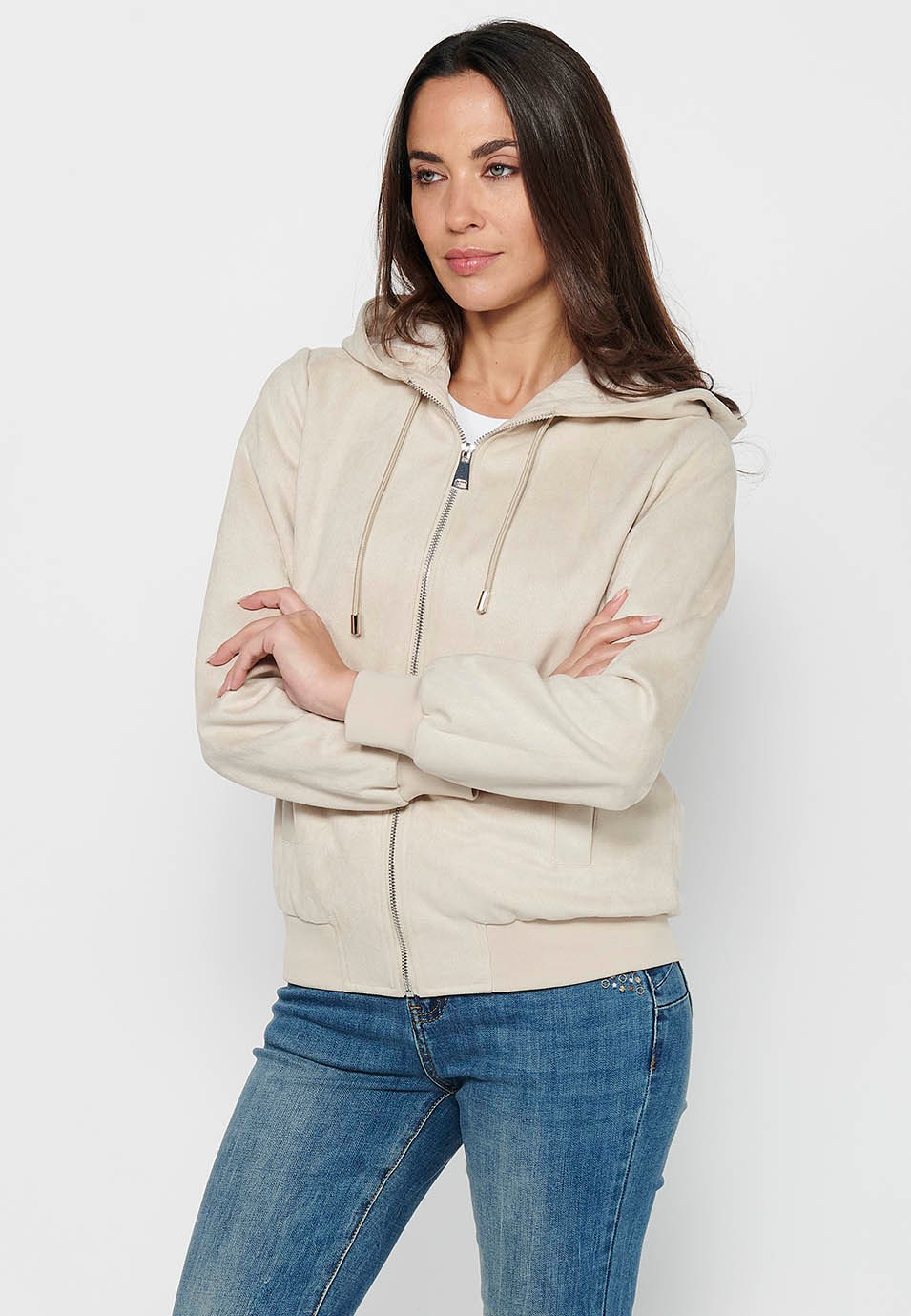 Women's Ecru Color Hooded Collar Long Sleeve Zip Front Closure Sweatshirt Jacket 7