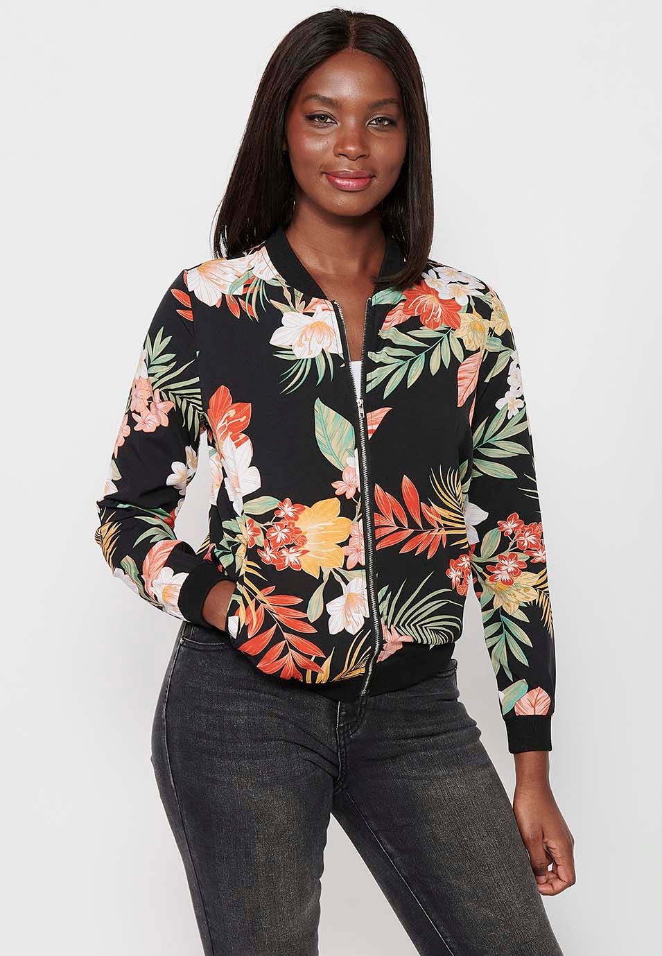 Long-sleeved sweatshirt jacket with ribbed finishes and floral print with front zipper closure in Multicolor for Women