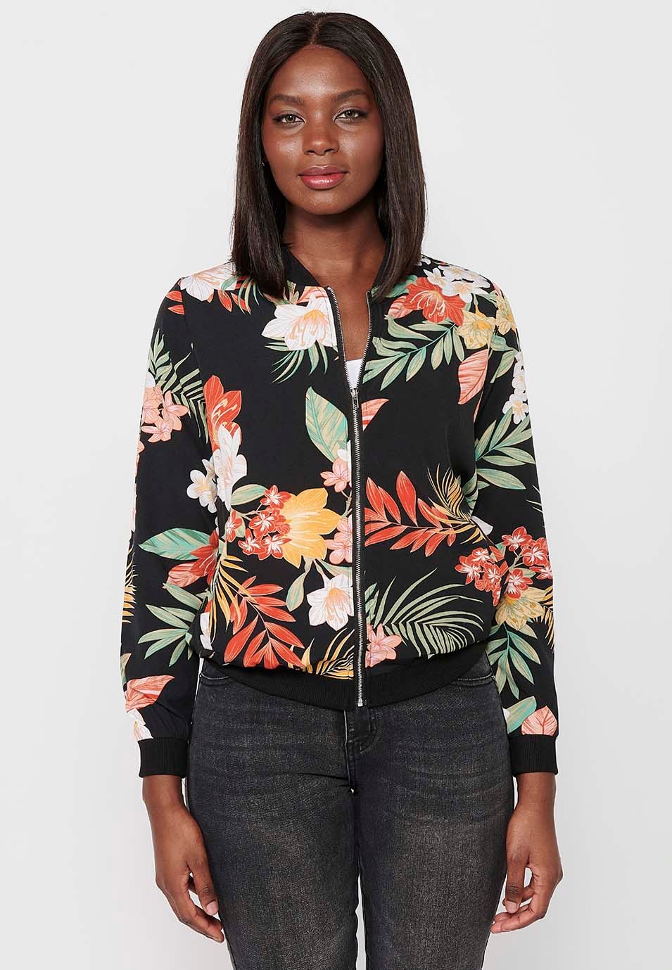 Langärmlige Sweatshirtjacke mit gerippten Abschlüssen und Blumendruck mit Reißverschluss vorne in Mehrfarbig für Damen 1