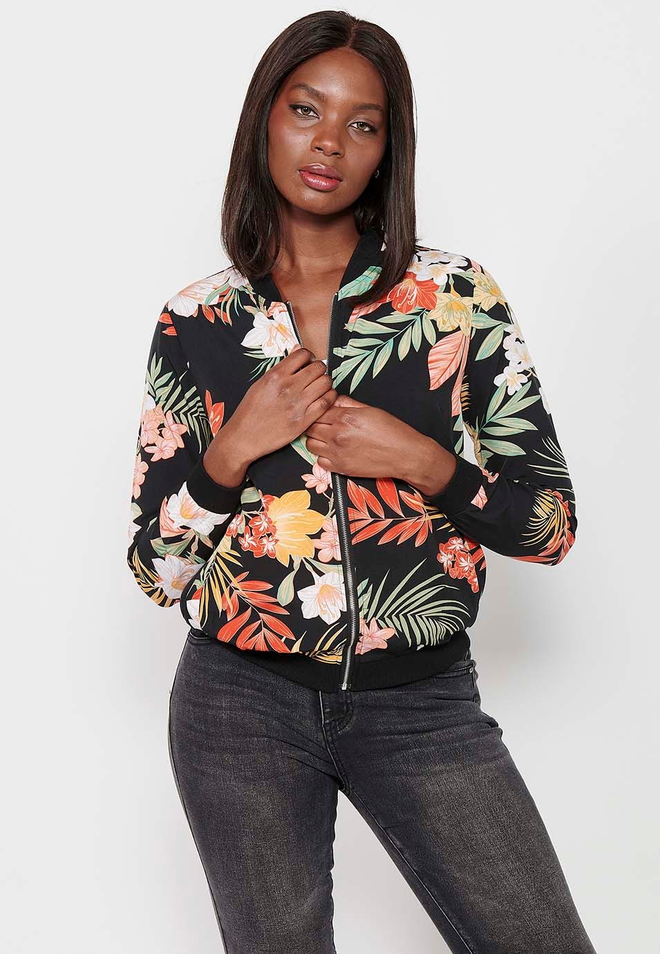 Langärmlige Sweatshirtjacke mit gerippten Abschlüssen und Blumendruck mit Reißverschluss vorne in Mehrfarbig für Damen 3