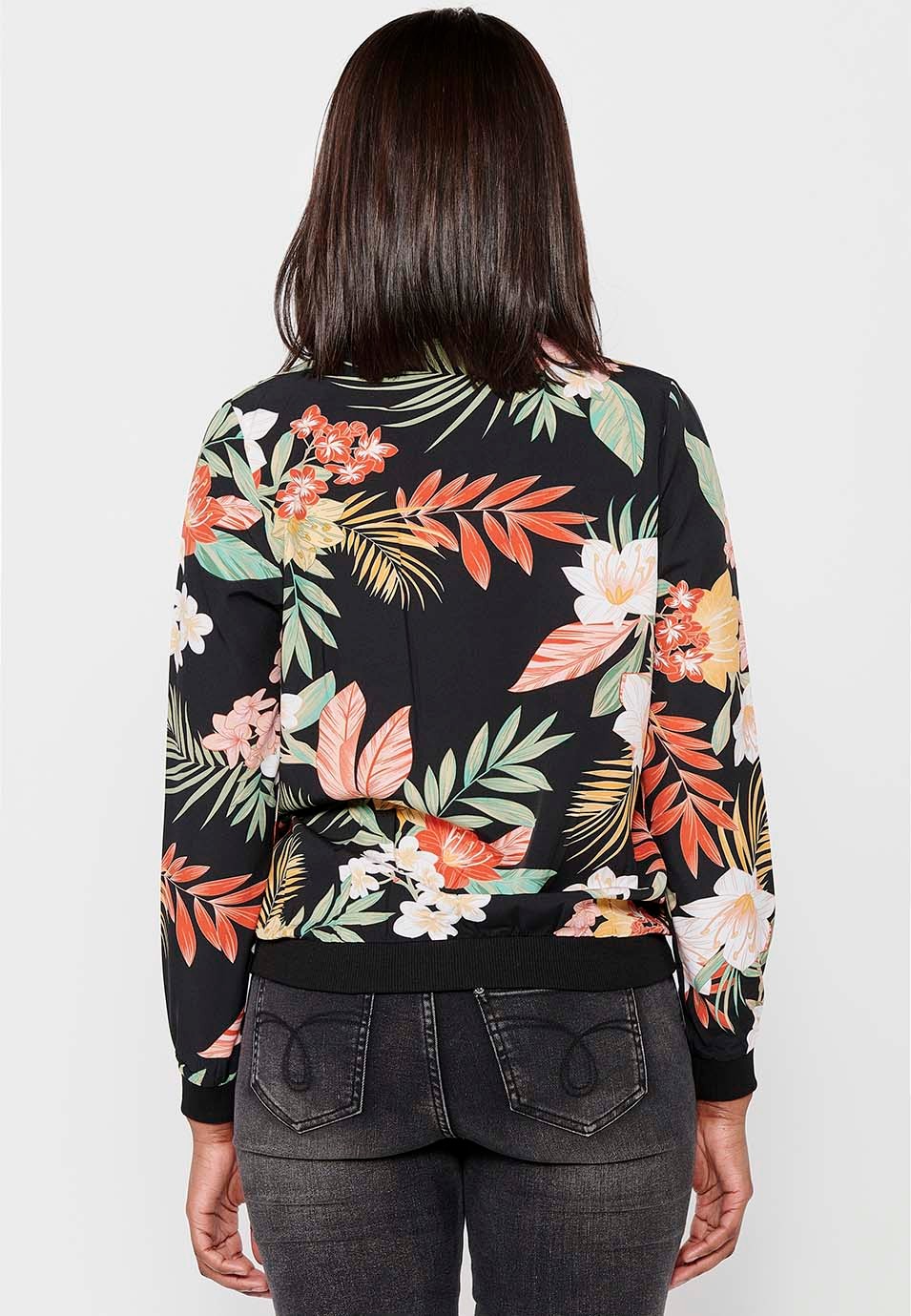 Langärmlige Sweatshirtjacke mit gerippten Abschlüssen und Blumendruck mit Reißverschluss vorne in Mehrfarbig für Damen 5