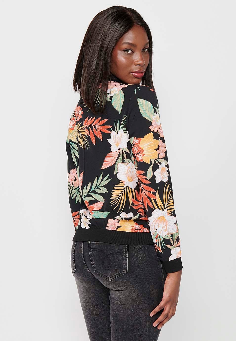 Langärmlige Sweatshirtjacke mit gerippten Abschlüssen und Blumendruck mit Reißverschluss vorne in Mehrfarbig für Damen 9
