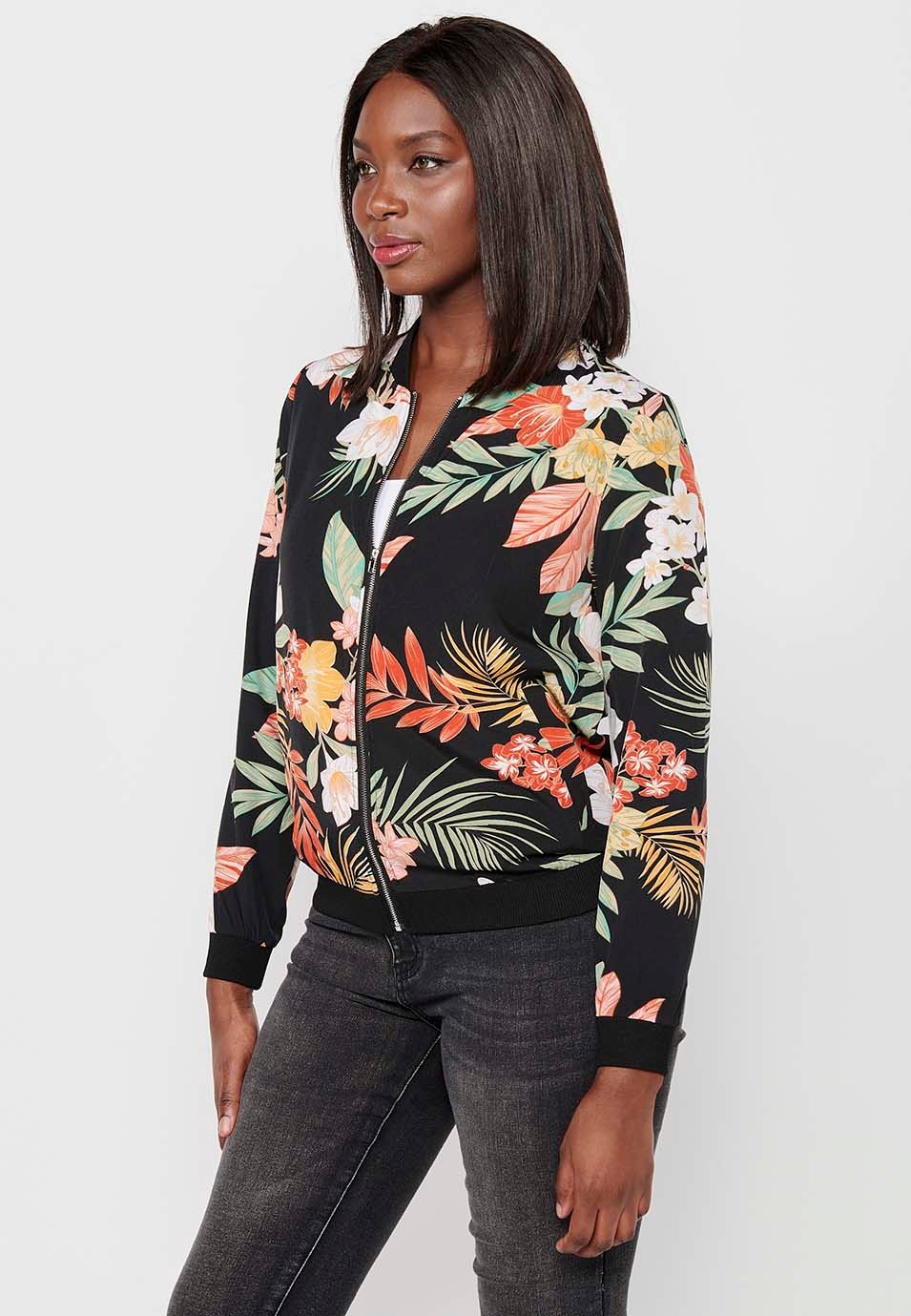 Langärmlige Sweatshirtjacke mit gerippten Abschlüssen und Blumendruck mit Reißverschluss vorne in Mehrfarbig für Damen 7