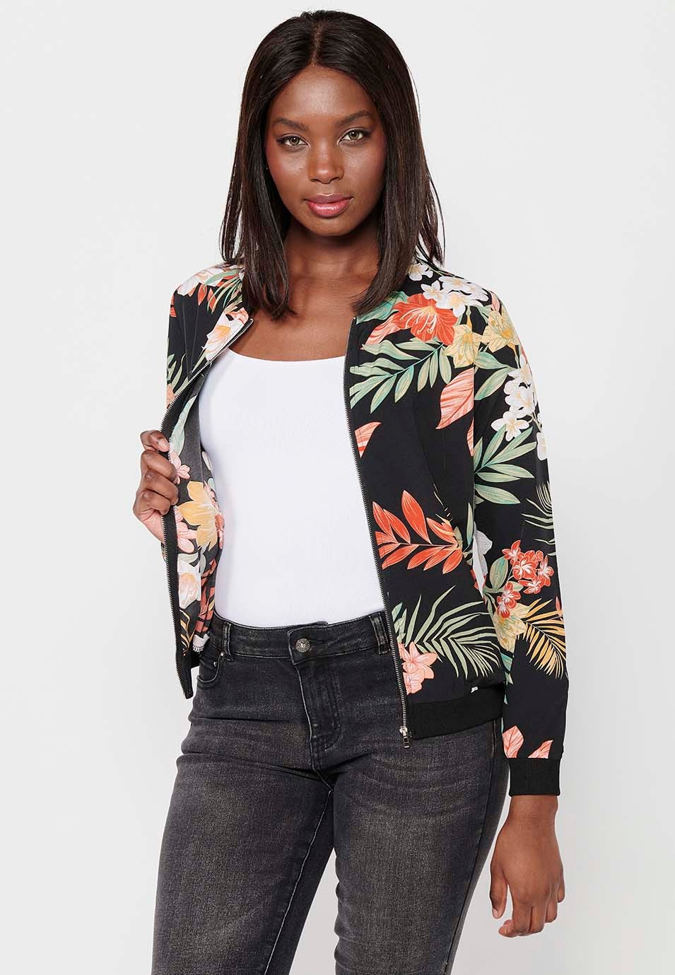 Long-sleeved sweatshirt jacket with ribbed finishes and floral print with front zipper closure in Multicolor for Women 6