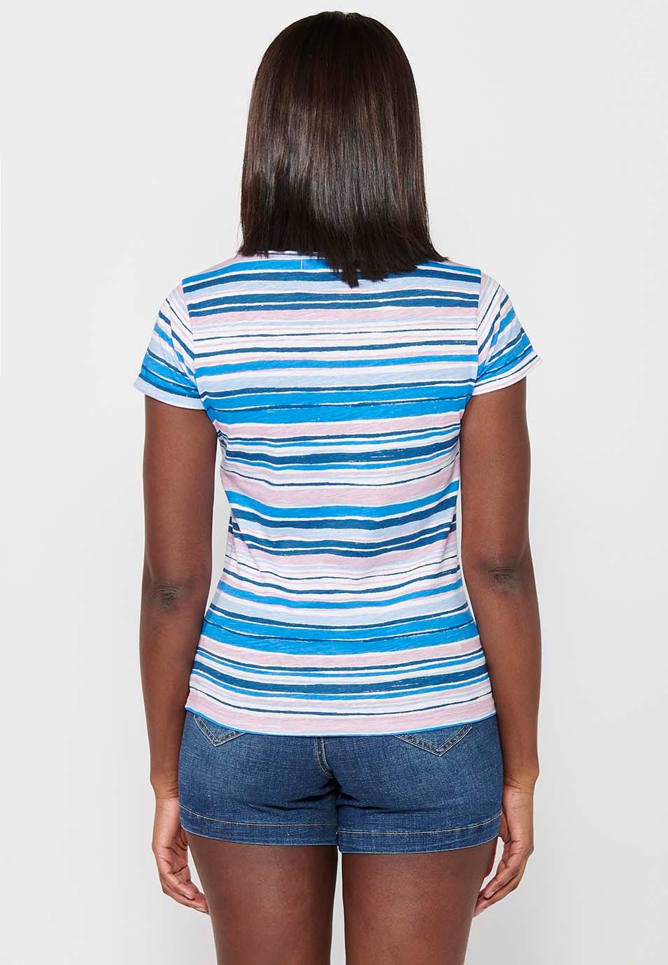 T-shirt en coton à manches courtes avec col en V et détail de broderie multicolore sur le devant pour femme 3