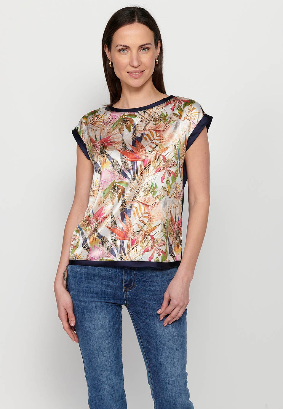 Camiseta de manga corta, estampado delantero tropical multicolor para mujer 
