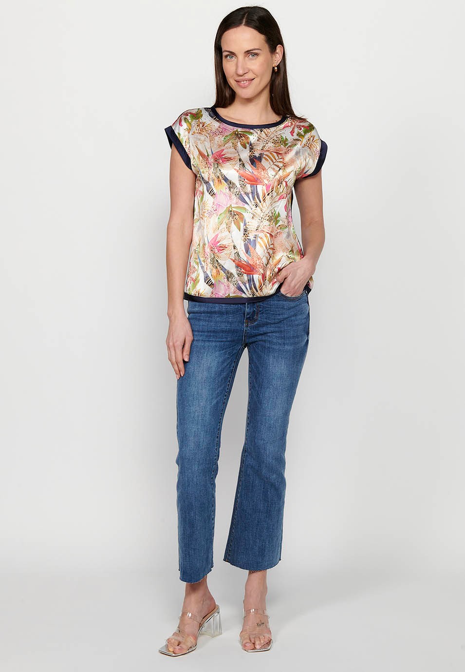 Mehrfarbiges Kurzarm-T-Shirt mit tropischem Frontprint für Damen