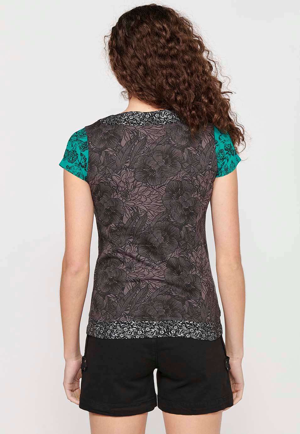 Mintfarbenes, kurzärmliges Baumwoll-T-Shirt mit V-Ausschnitt und Blumendruck für Damen 1