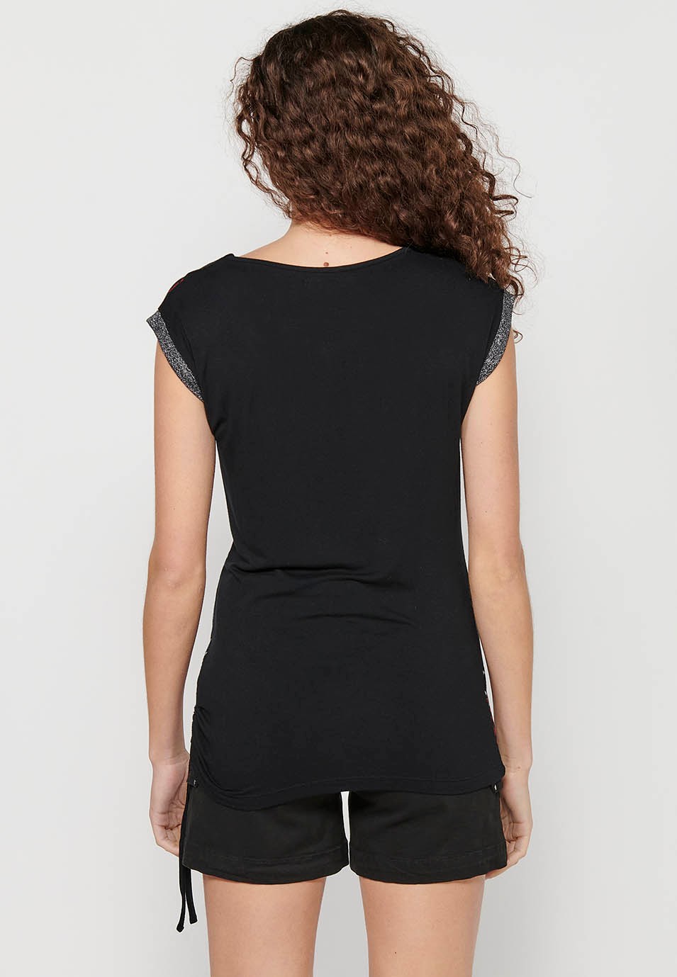 Long T-shirt with one side wrinkled with short sleeve ribbon with detail and front print in Black for Women